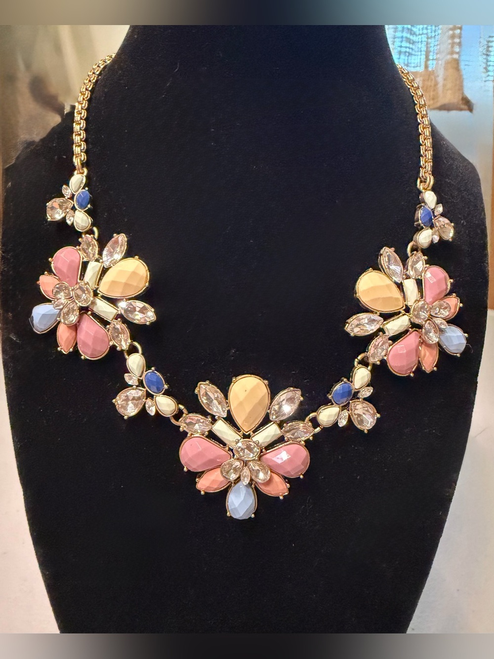 Gold-Tone Floral Crystal Necklace in Pink, Peach & Light Blue